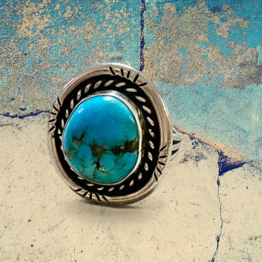 Vintage Navajo Turquoise Sterling Silver Ring  Native American Signed SZ 6.5